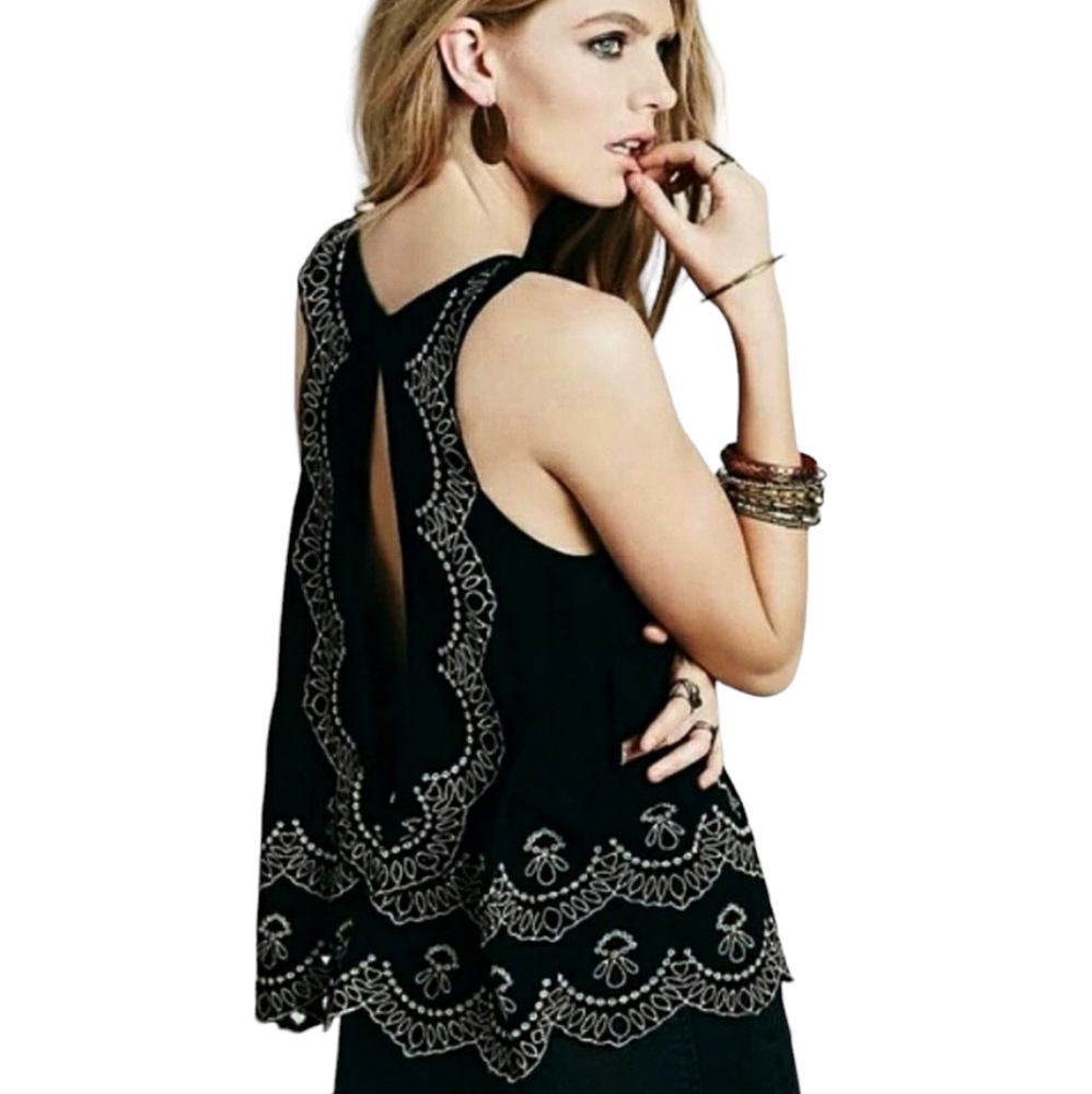 Free People Boho Toosaloosa Slub Attina Eyelet Keyhole Cut Out Swing Tank Top - Picture 13 of 14